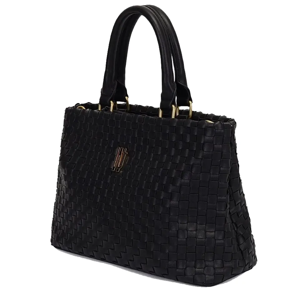 Bolsa tote feminina preta WJ vista lateral mostrando estrutura e design trançado